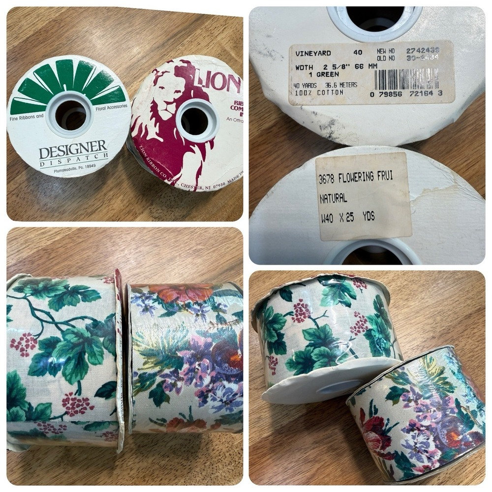 Lot 2 Unopen Vintage Designer Ribbon Floral Flowering Fruit -25yd Vineyard -40yd